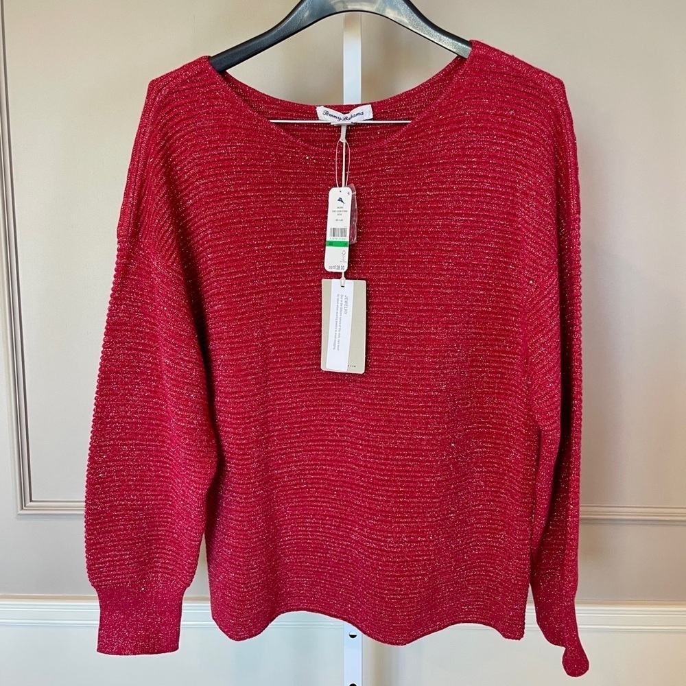 Tommy Bahama NWT Women's Large Sweater Red Bonita Sequin Ottoman Crew $128